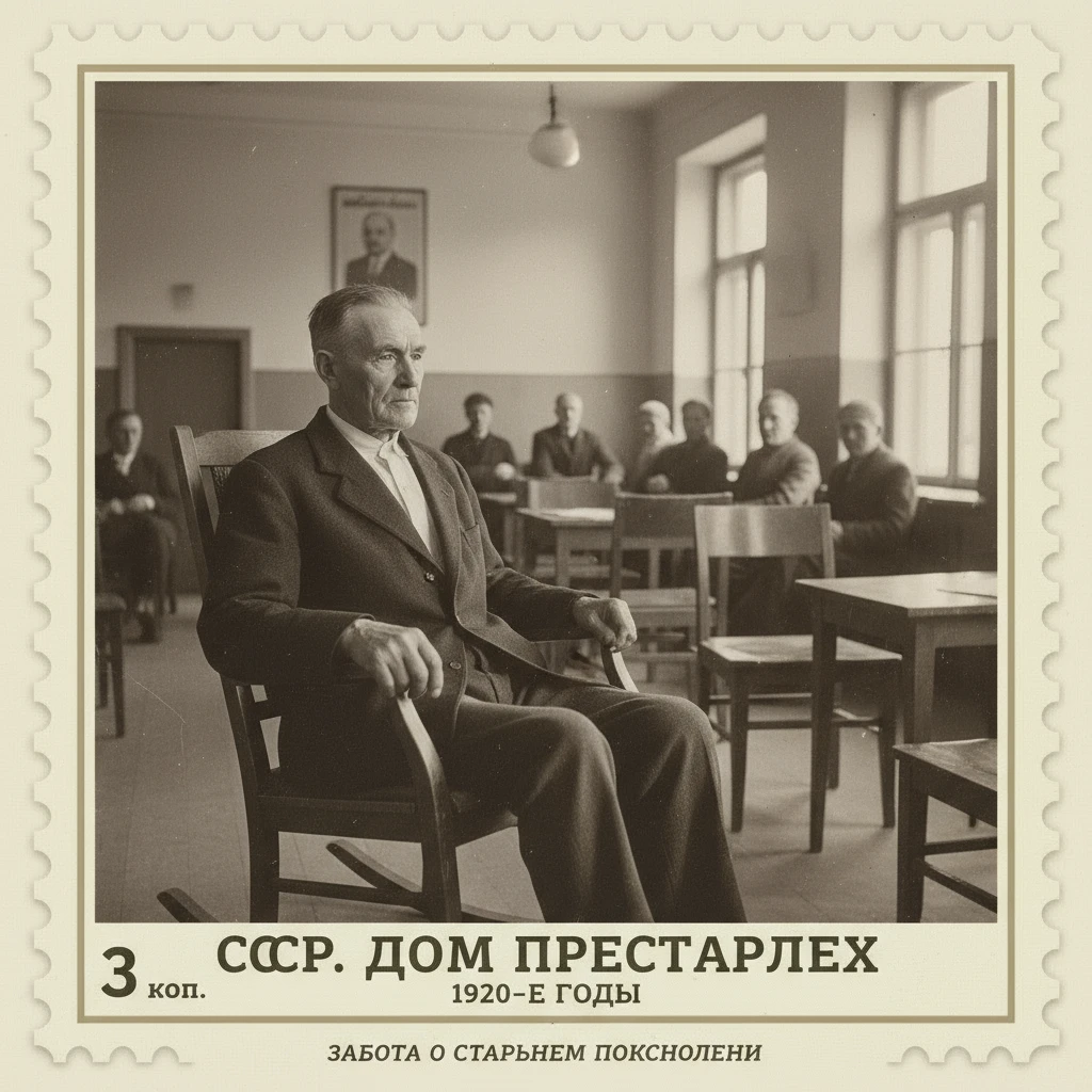 Марка на которой изображен дедушка в доме престарелых. СССР 1920-е годы.

Стиль марки такой же, как на прикрепленном фото emoji