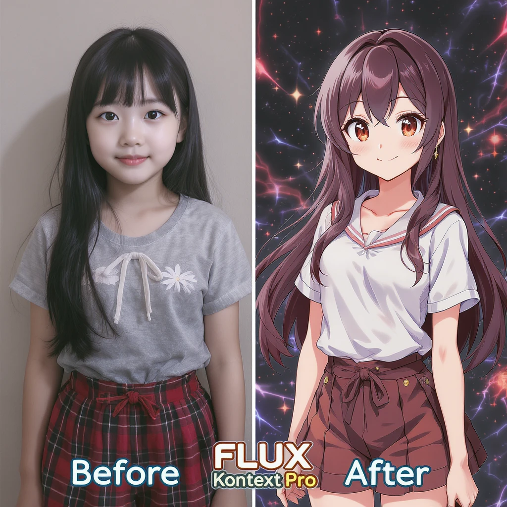 create before after image of a girl before is realsitic photo, after is anime version of her in same pose and clothes, add logo with text of a "FLUX Kontext Pro" emoji