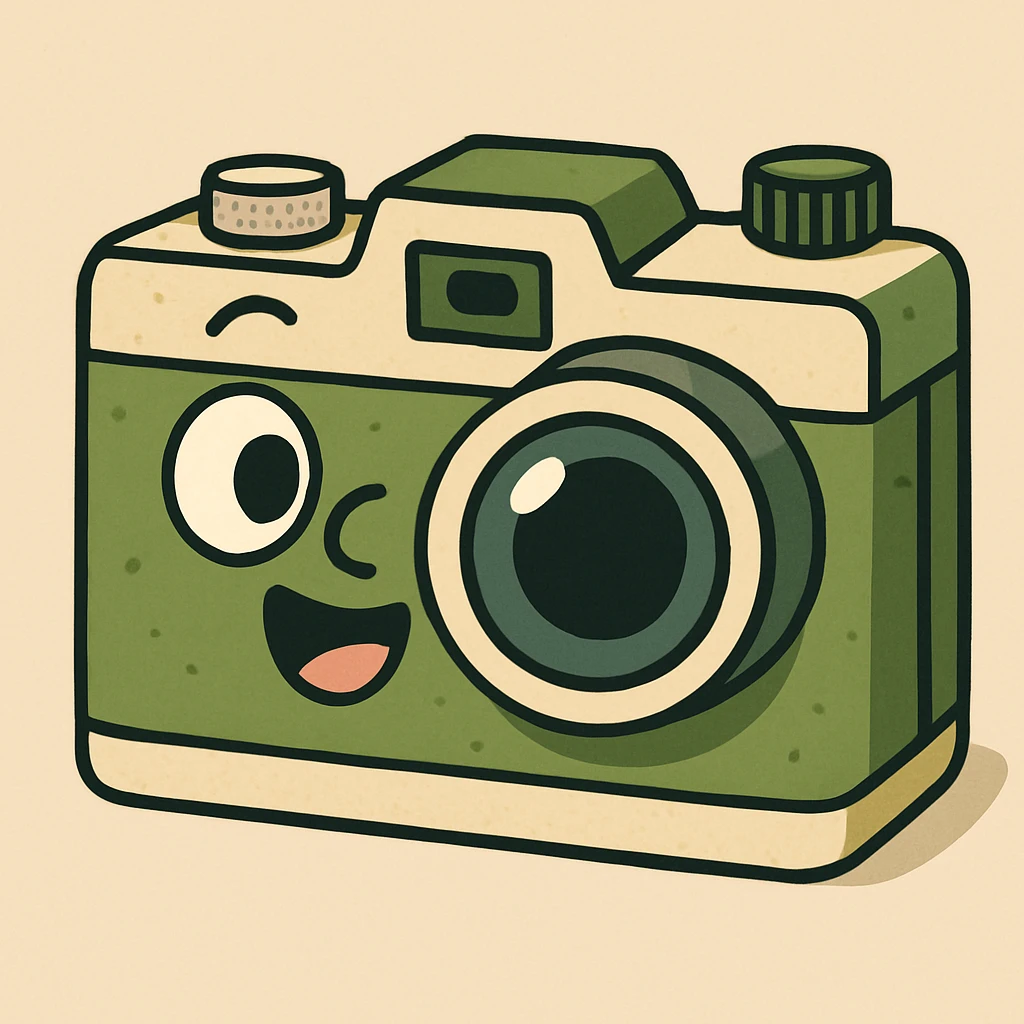 ретро фотоаппарат, оливковый с бежевыми вкраплениями там где это уместно, без градиентов с четкими контурами, тенями и бликами emoji