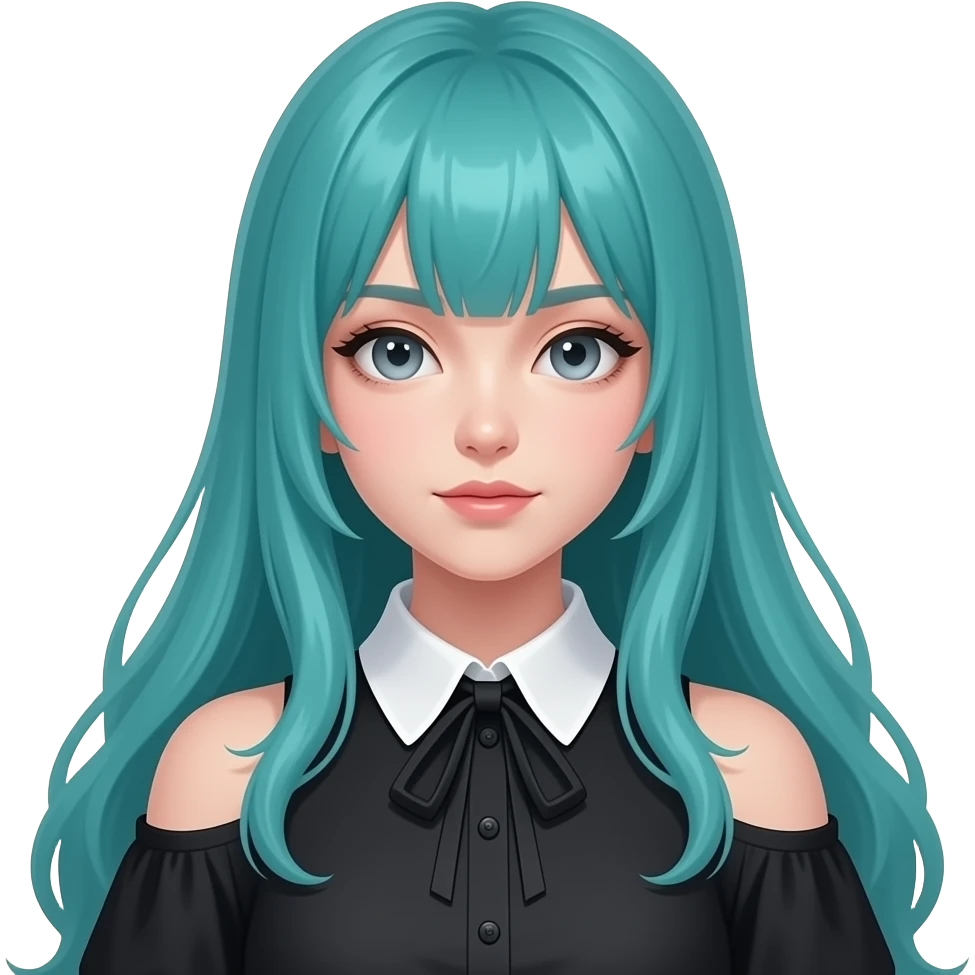 girl, relaxed, long flowing teal hair, grey eyes, black shoulder cyberpunk blouse with fancy white collar emoji