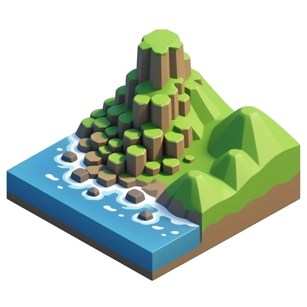 3D isometric miniature emoji of Giant's Causeway, hexagonal basalt columns by the sea, lush green hills, cute chibi style, rounded shapes, glossy vibrant colors, soft lighting, tiny diorama, minimal background emoji