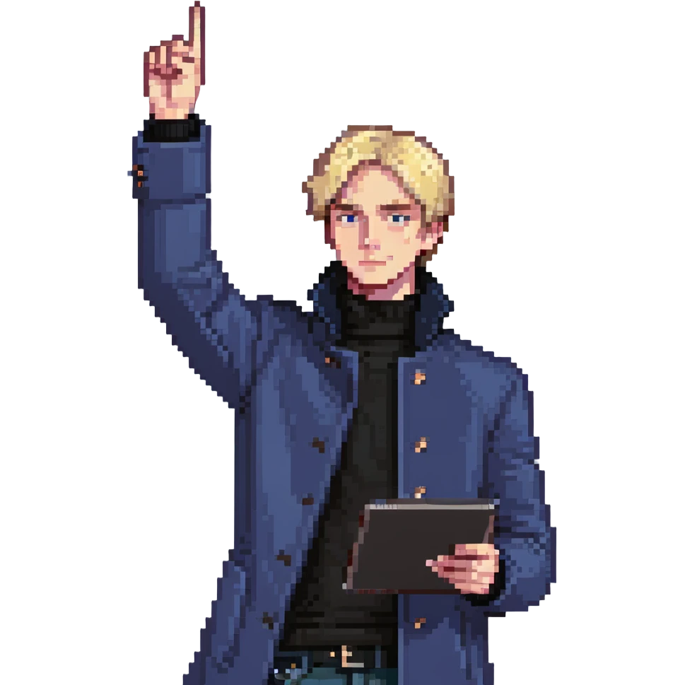 Flat pixel art, bold and charismatic male leader, Caucasian, short neat blonde hair, sharp eyes, indigo coat over black turtleneck, one arm raised pointing out, holding tablet, waist-up, front-facing emoji