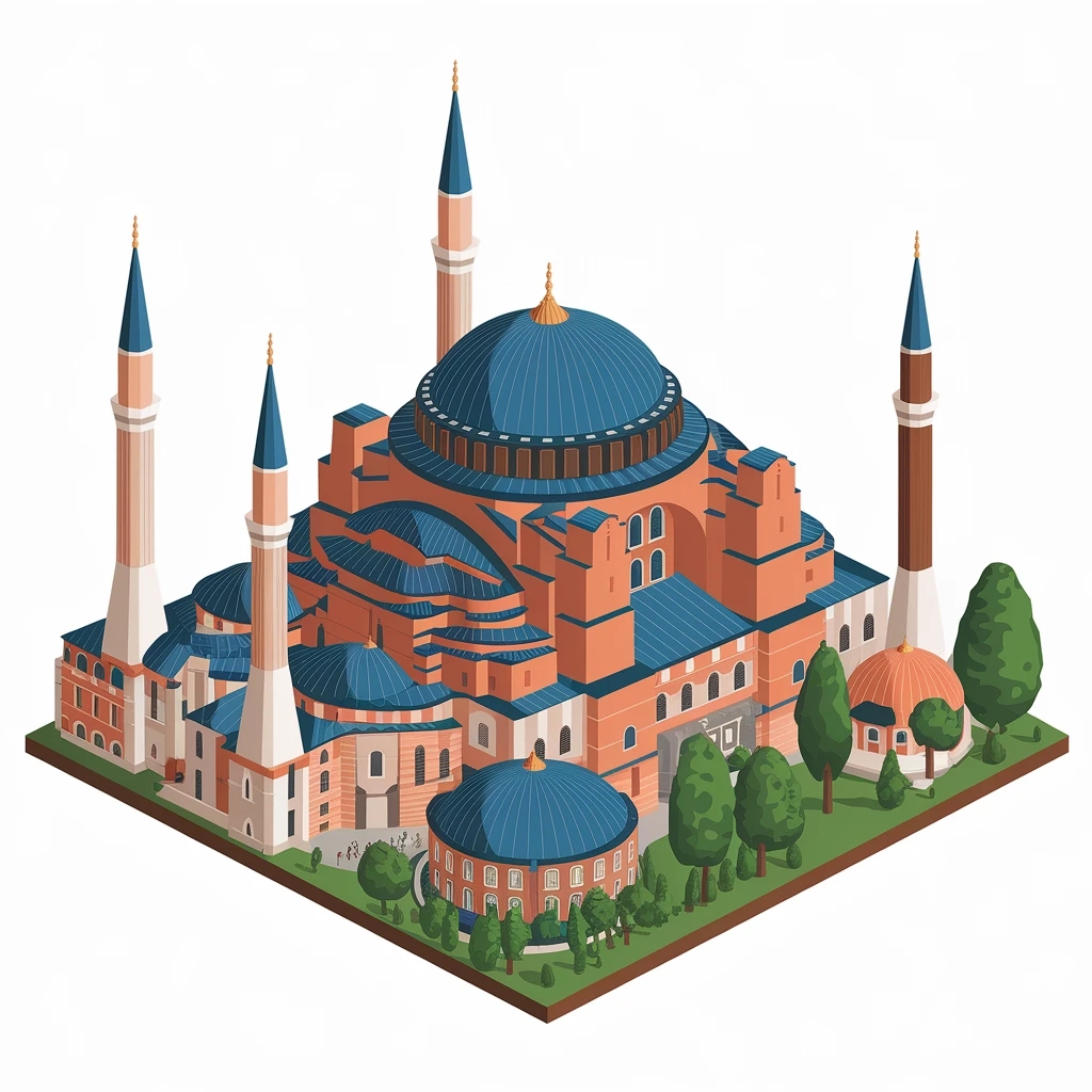 Isometric illustration of Istanbul, featuring real photorealistic Hagia Sophia with ts large central dome and four tall minarets, with real transparent background emoji