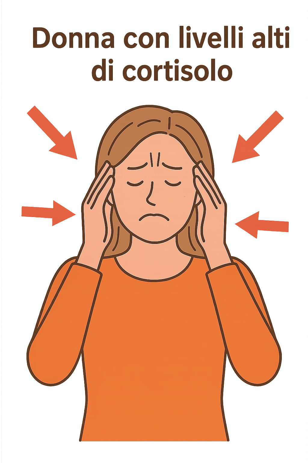 donna Cortisolo alto con freccie che indicano. In italiano emoji
