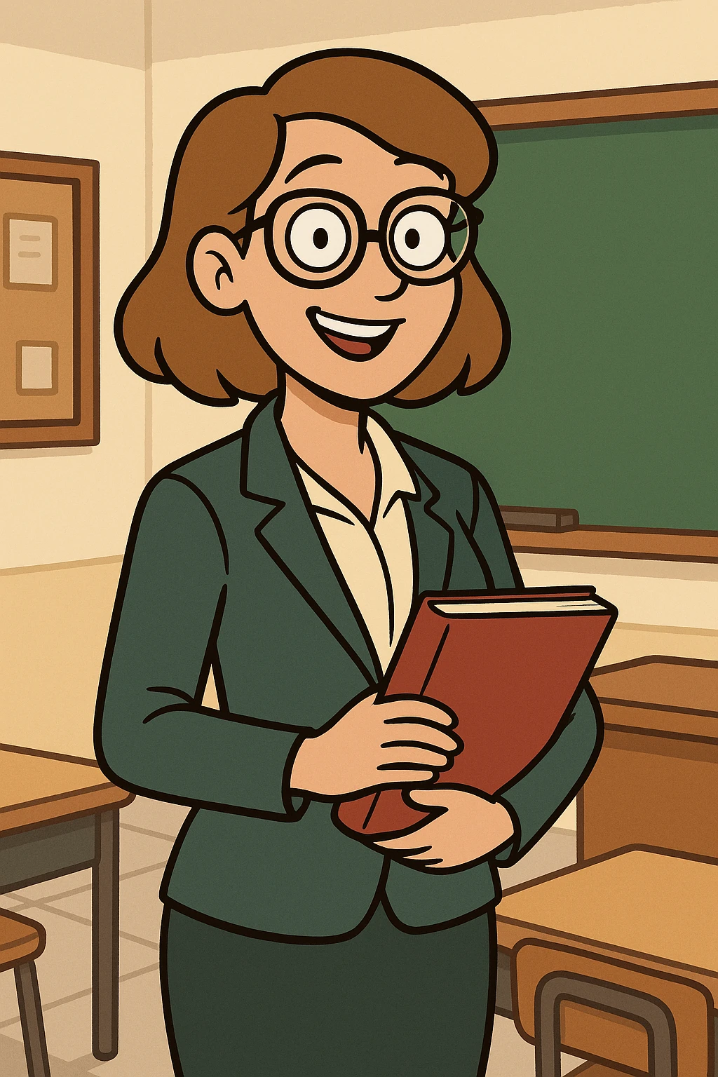 female teacher character with glasses, standing and smiling, holding a book, in a classroom setting, approachable and professional, cartoon style emoji