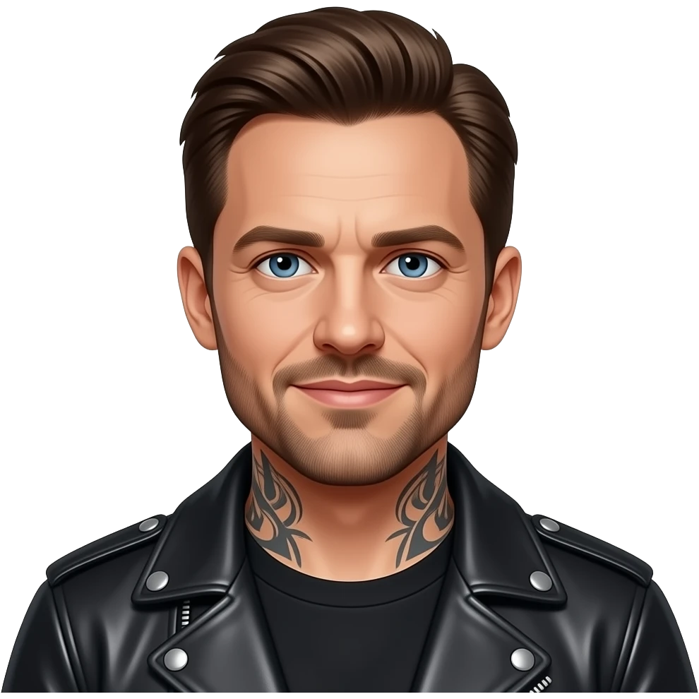 Sebastian Stan with tattoos and a leather jacket emoji