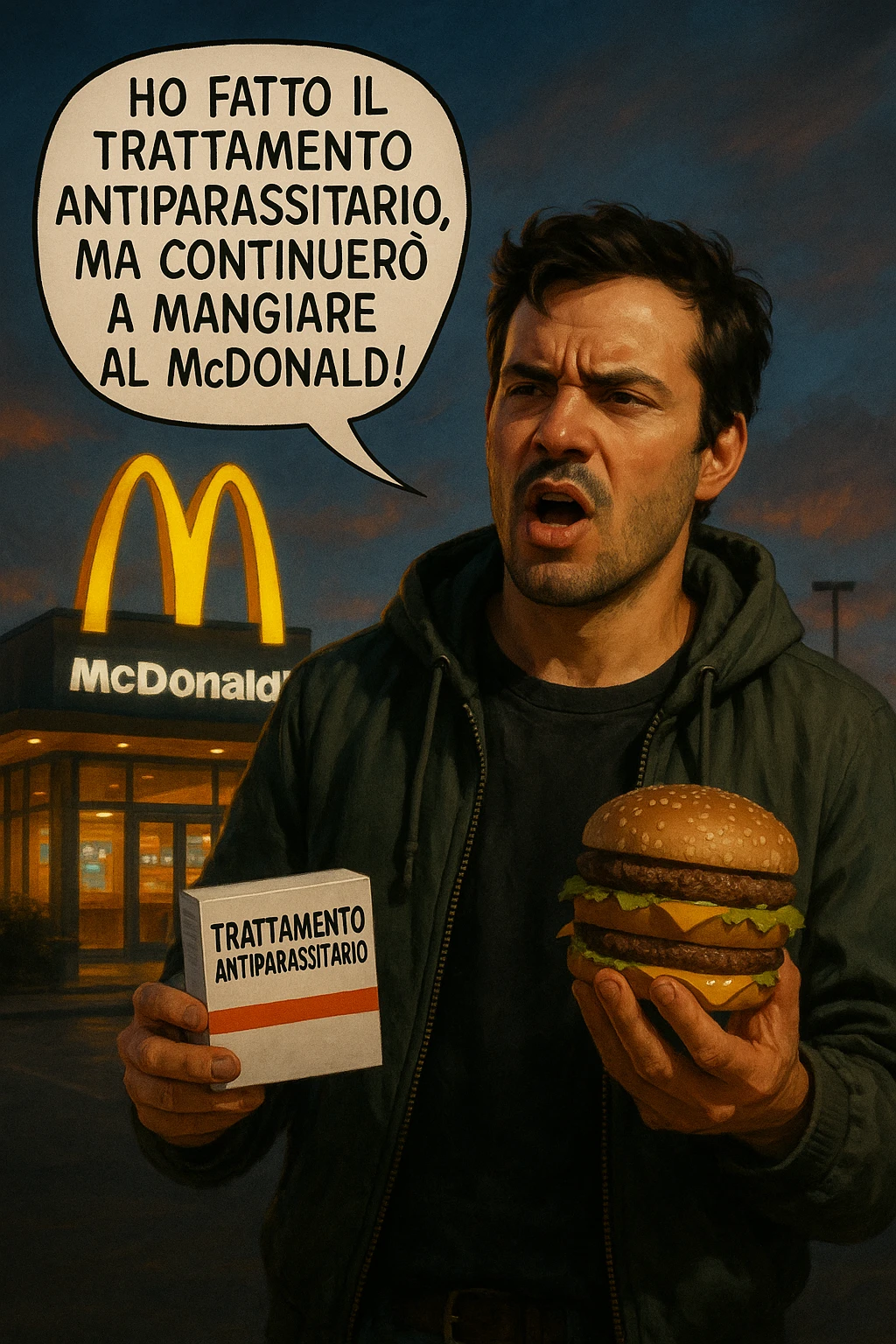 A realistic, cinematic illustration of a man in his early 30s with a confused yet stubborn expression, standing outside a McDonald's at dusk, holding a small box labeled 'Trattamento Antiparassitario' in one hand while holding a large McDonald's burger in the other. He is mid-sentence, saying 'Ho fatto il trattamento antiparassitario, ma continuerò a mangiare al McDonald!' in an expressive speech bubble. The man wears casual streetwear, and behind him, the McDonald's golden arches glow under a neon-lit sky. The mood is ironic and educational, highlighting the contradiction of doing parasite cleanses while continuing unhealthy fast-food habits. The style is realistic with slight illustrative clarity, emphasizing the message humorously while maintaining a serious undertone about lifestyle choices and health in italiano emoji