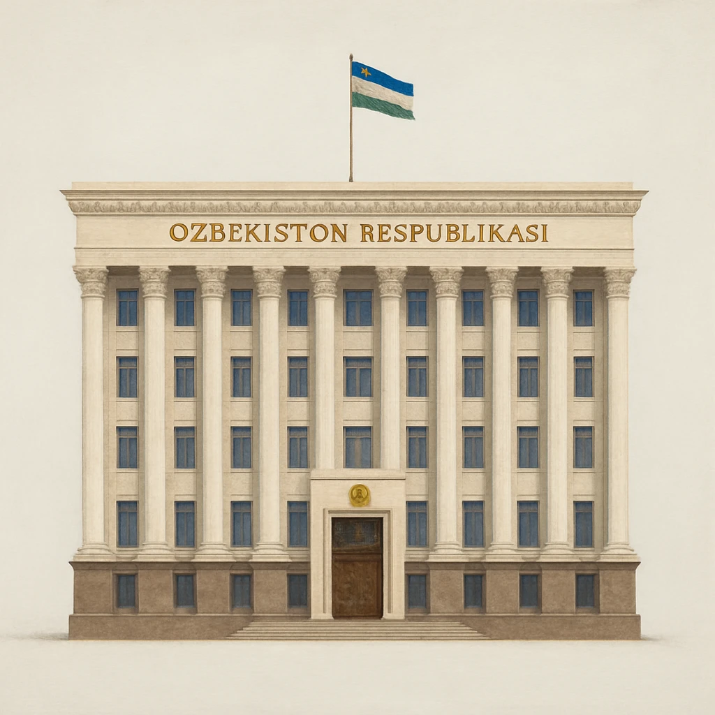«Реалистичная живописная стильная прорисовка. Здание правительства узбекистана строго в анфас, прямо спереди, без наклона и без перспективы. Покажи ВСЁ здание целиком — сверху донизу и слева направо — с большим свободным полем вокруг, чтобы НИЧЕГО не обрезалось. На крыше должен быть флаг Узбекистана. Никаких деревьев, людей, фонтанов, автомобилей, тени от объектов и окружающей среды. Только полностью целое здание на однотонном чистом фоне (белом или светло-сером). Обязательно: “НЕ кадрировать, НЕ обрезать, оставить запас места вокруг здания». emoji