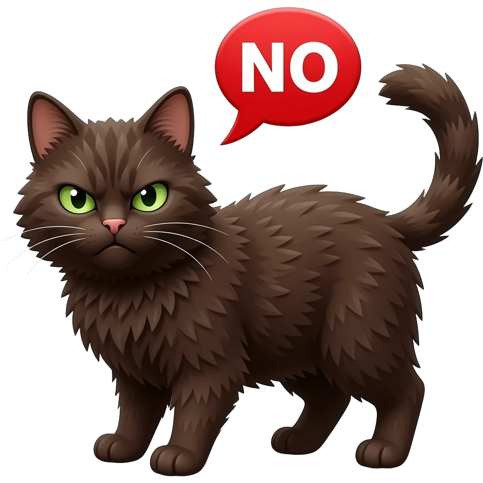 Cute grumpy angry pitch-dark brown scrunkly cat With no patterns, with green eyes saying “NO” in red letters with a speech bubble emoji