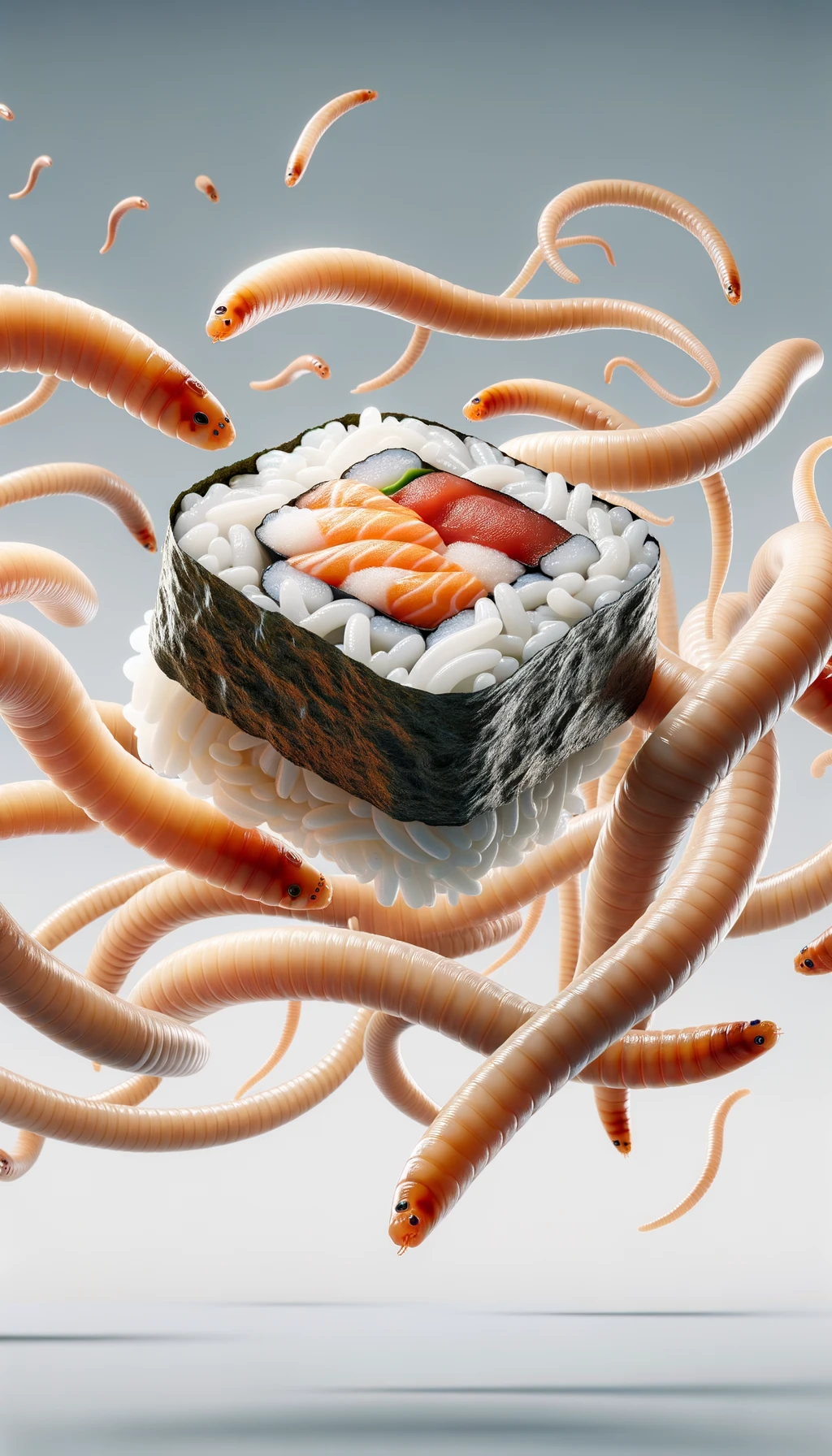 sushi crudo fluttua in aria insieme a dei lunghi vermi beige chiaro, iperrealistico 4k emoji