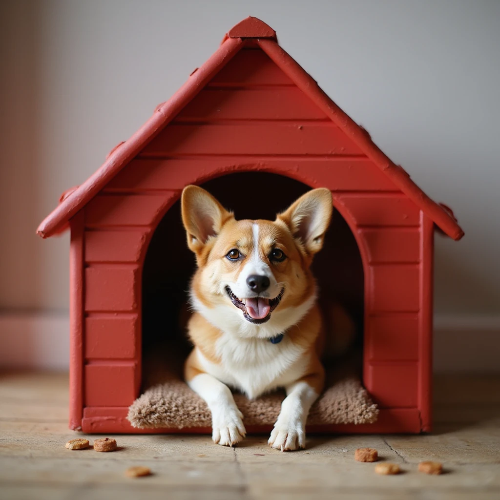 realistic red dog house with a Corgi dog inside, Corgi with a treat, photorealistic style emoji