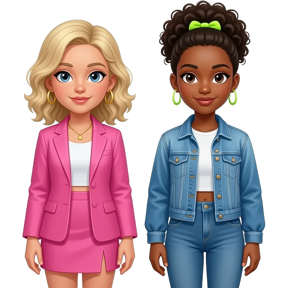 african teen girl and white teen girl standing next to each other together, 90s fashions, white girl in pink suit jacket and mini skirt emoji