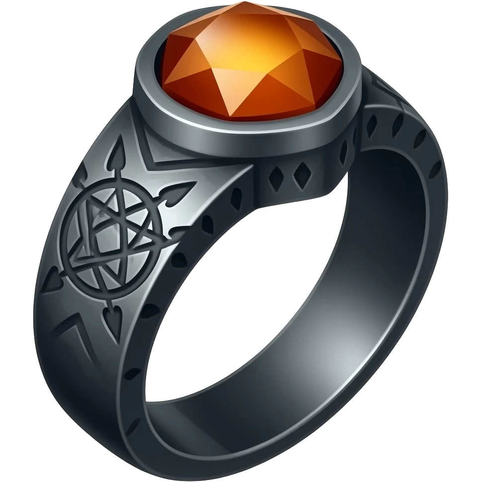 A runic ring meant for dark warlocks, dark and ominous with strange occult markings. Make it foreboding, maybe with a dark grey and orange gem emoji