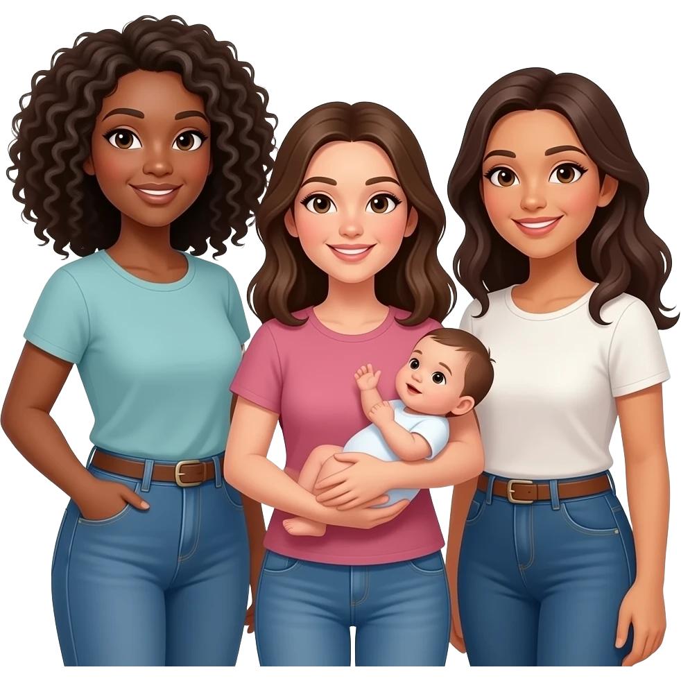 3 girl friends: 1 tall Greek curly hair, 1 brunette American/latino holding baby, 1 brunette Italian emoji