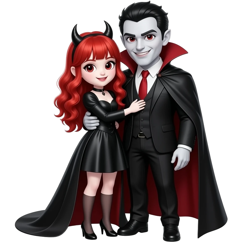 Vampiro femmina 12enne con pelle bianca capelli lunghi  rosso fuoco ondulati e la frangetta che indossa una vestito stretto in vita e largo sotto nero con maniche lunghe e anfibi che arrivano alle ginocchia che sta abbracciando un altro vampiro maschio adulto sorridendo emoji