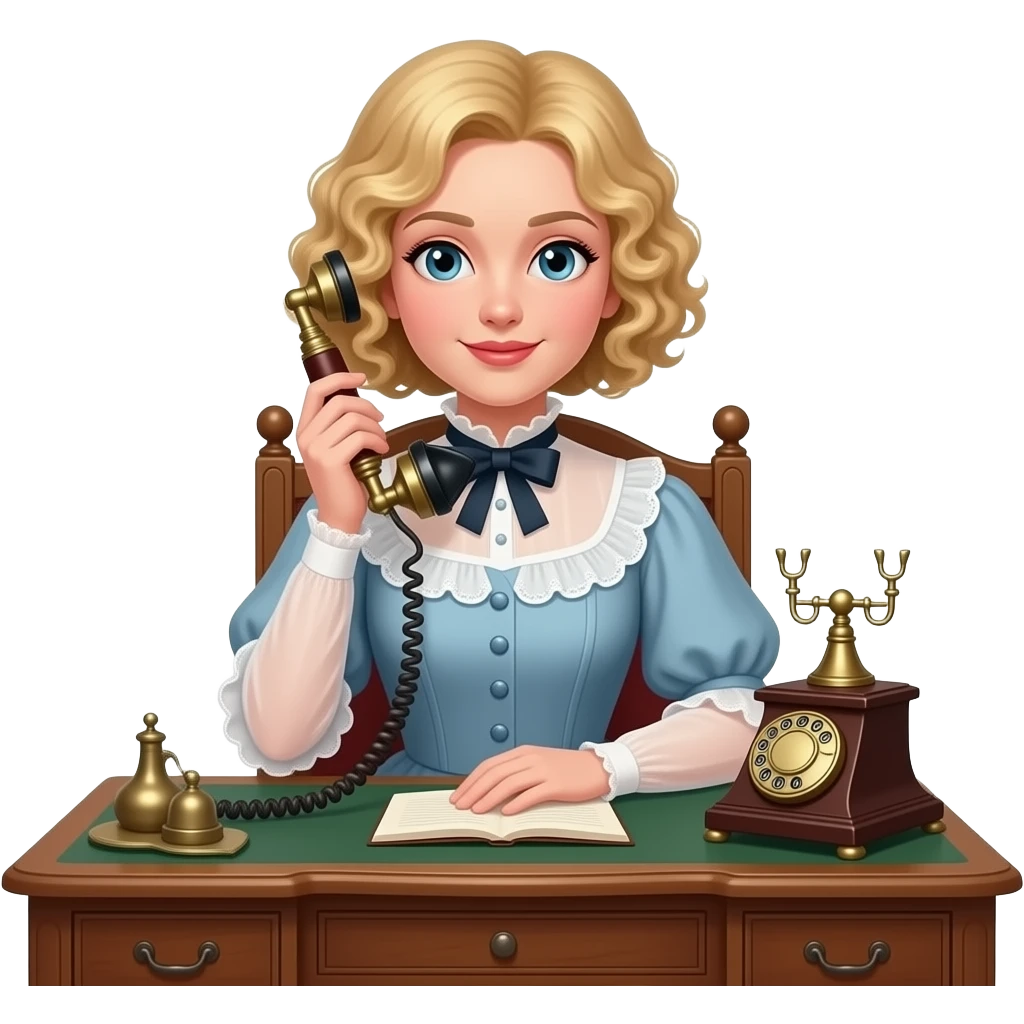 blonde tight curly bob sitting on an antique desk with antique phone 1800 dress emoji