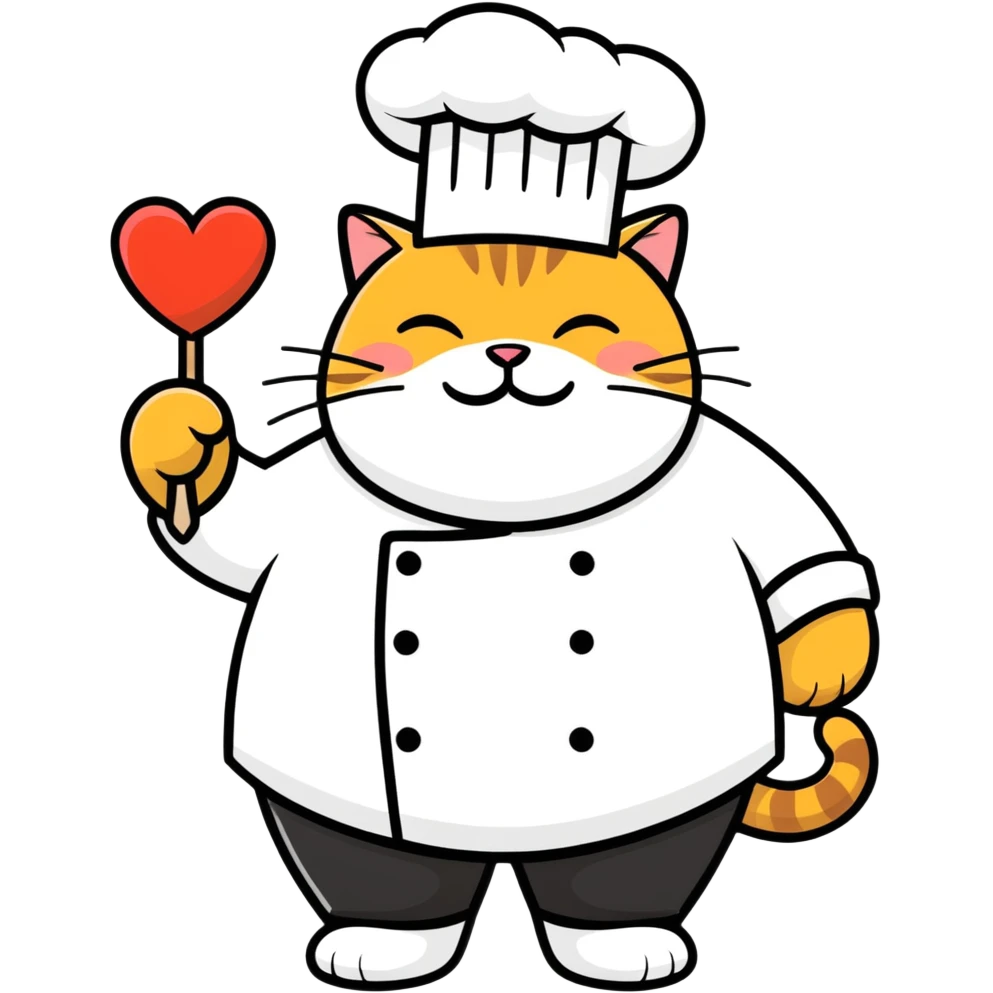 Fat cat in chef outfit with beard surrounded by hearts emoji