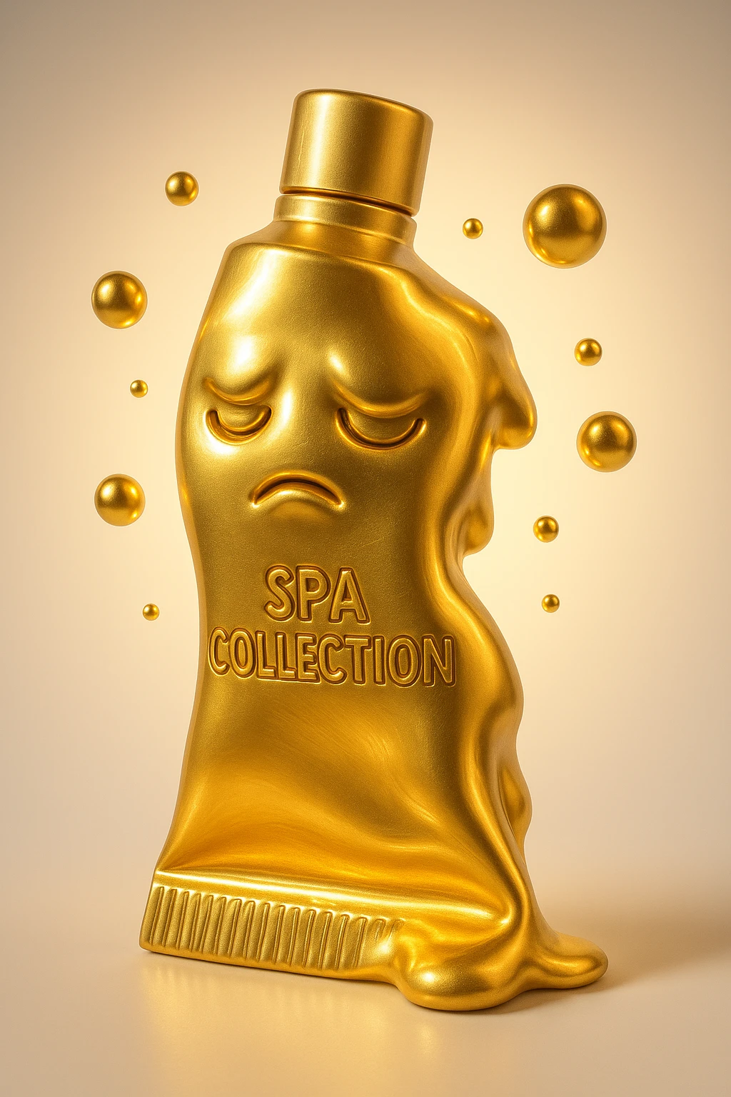 Transform the golden-beige tube into a surreal emoji with exaggerated tube shape, whimsical floating bubbles around it, a dreamy glow effect, and a slightly melting or morphing appearance. Keep the 'SPA COLLECTION' label visible. Emphasize a surreal, imaginative vibe with golden-beige tones and artistic surreal elements. emoji