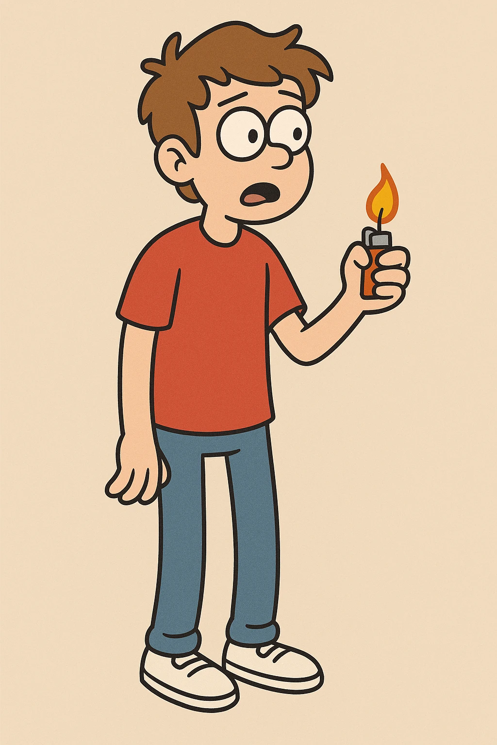 A boy lights brown hair sleeves with Red t-shirts blue jeans white shoes emoji