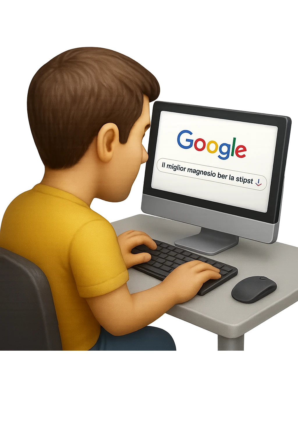 emoji stile iphone di un uomo davanti al pc che cerca di google: "Il miglior magnesio per la stipsi", iperrealistico 4k emoji