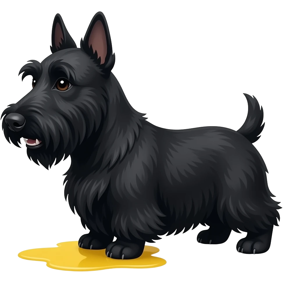 Black Scottie dog smiling in profile full body. Very small yellow puddle beneath hind paws emoji