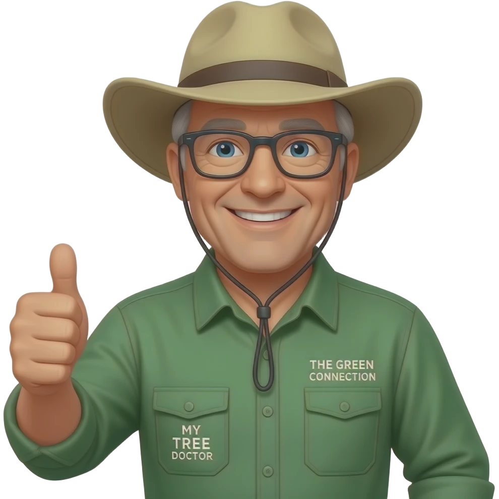 wide-smiling middle-aged man blue eyes. Dark rectangle glasses, green-collared, long-sleeve shirt, thumbs up.  Wide-brim Australian Akubru hat.  Insert 'THE GREEN CONNECTION' in white directly onto the right side pocket & 'MY TREE DOCTOR' onto the left side pocket emoji