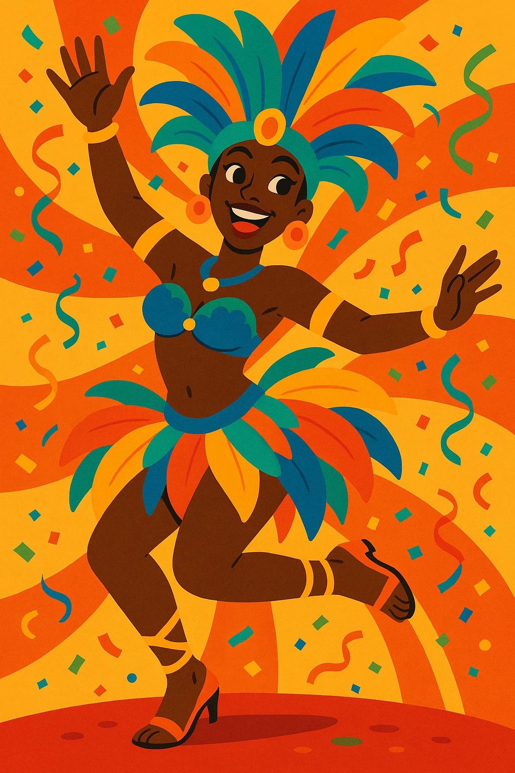 Black samba dancer, energetic pose, vibrant costume, joyful expression, festive atmosphere emoji
