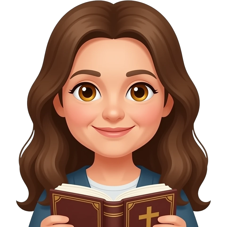 wise older woman with light brown skin brown long hair eyes smile with book that has a cross on it emoji