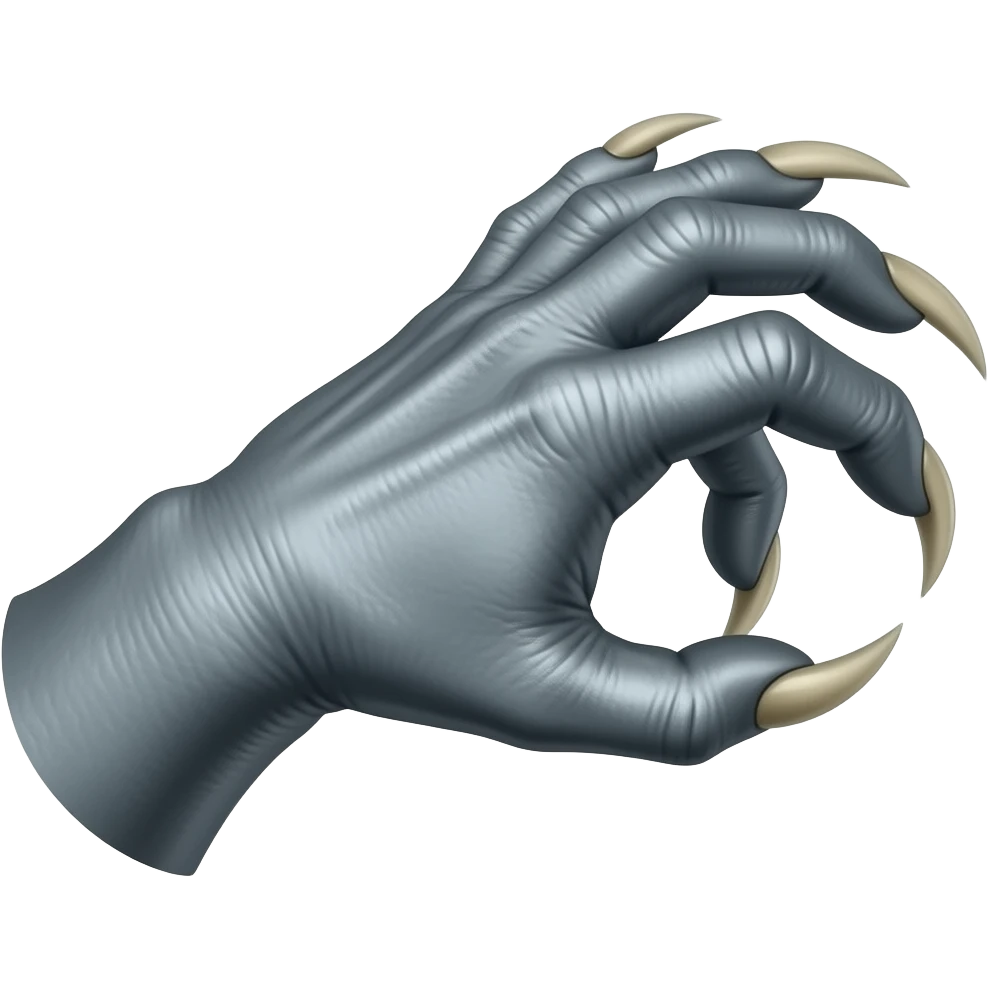 Long Demonic dark silver hand with medium-long sharp dark ivory color claws raking towards the right violently. Shift the perspective to a side profile to show the curvature and length of the claws more clearly. emoji