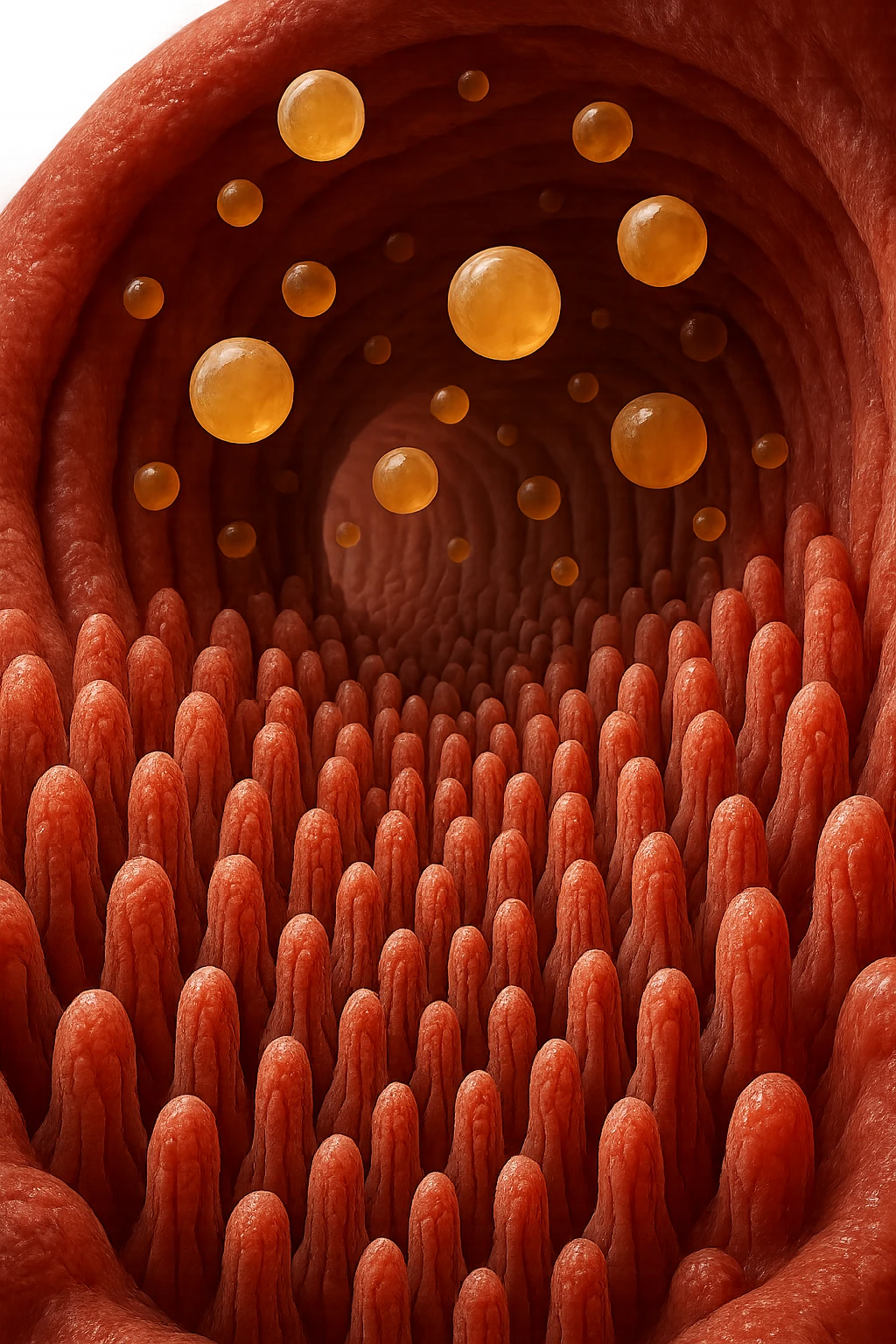 VILLI INTESTINALI CON CELLULE DI GRASSO CHE CI FLUTTUANO SOPRA, INTERNO REALISTICO DI UN INTESTINO, IPERREALISTICO 4K emoji