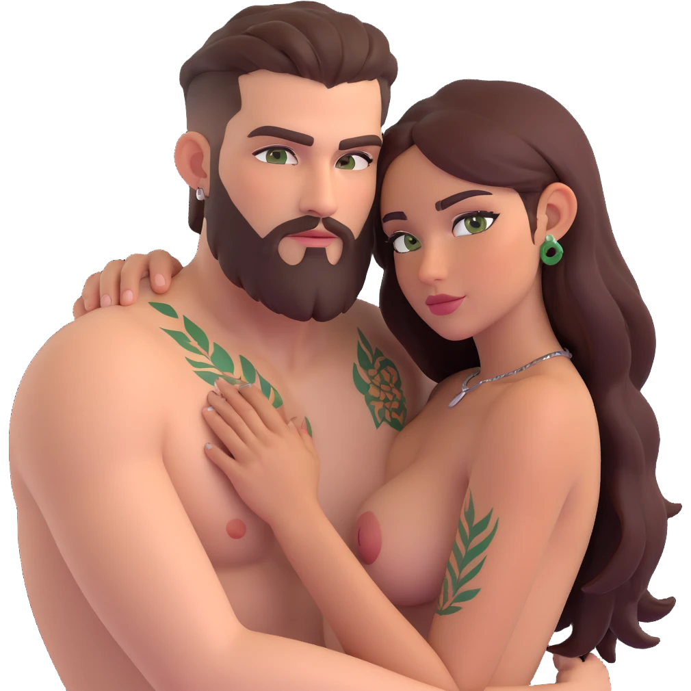 Short Brown eyed Latina woman with pierced nipples, small breasts and tattoos having sex with a tall white man with green eyes and a beard for Christmas emoji