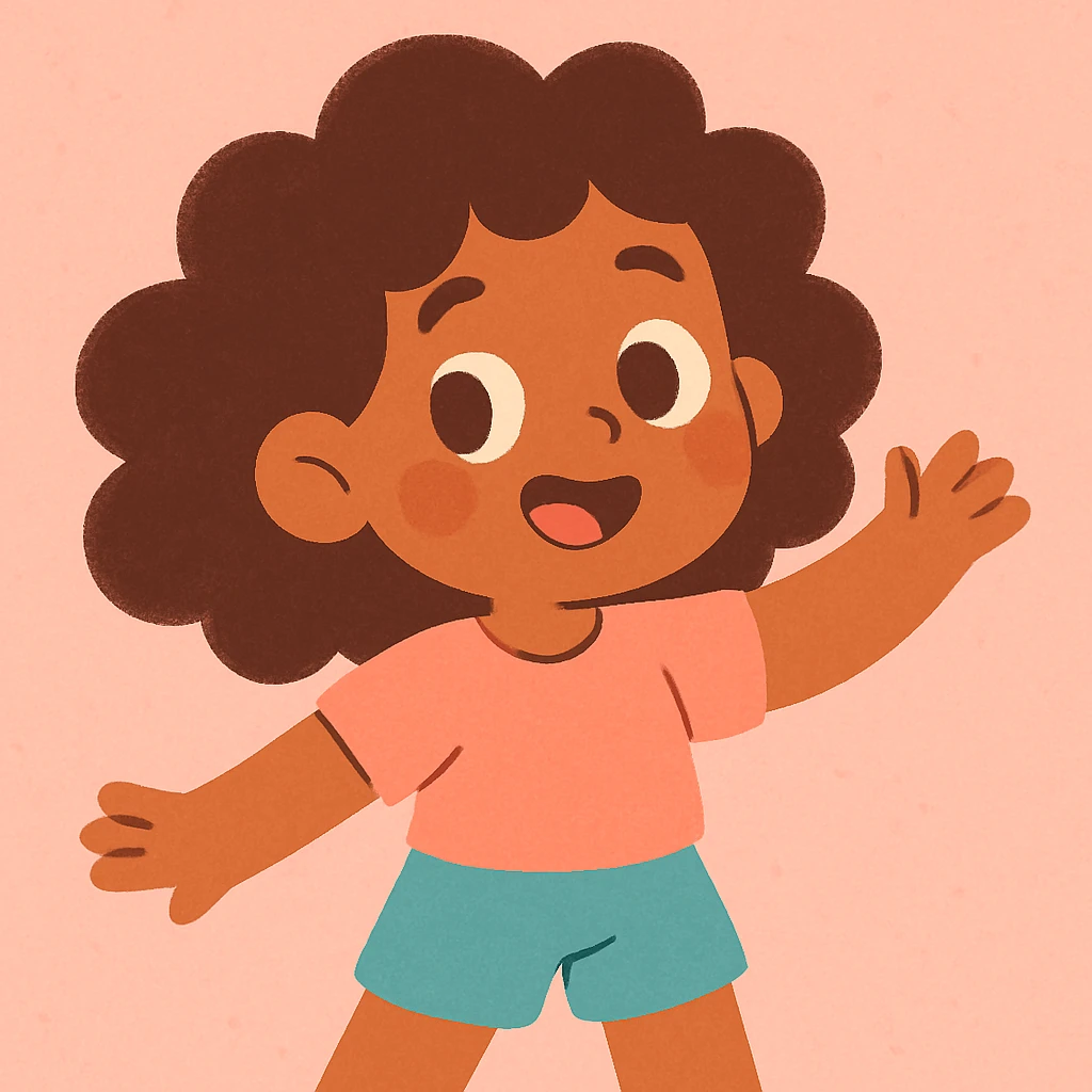 menina parda com cabelos cacheados, cute cartoon style, soft colors, adorable emoji