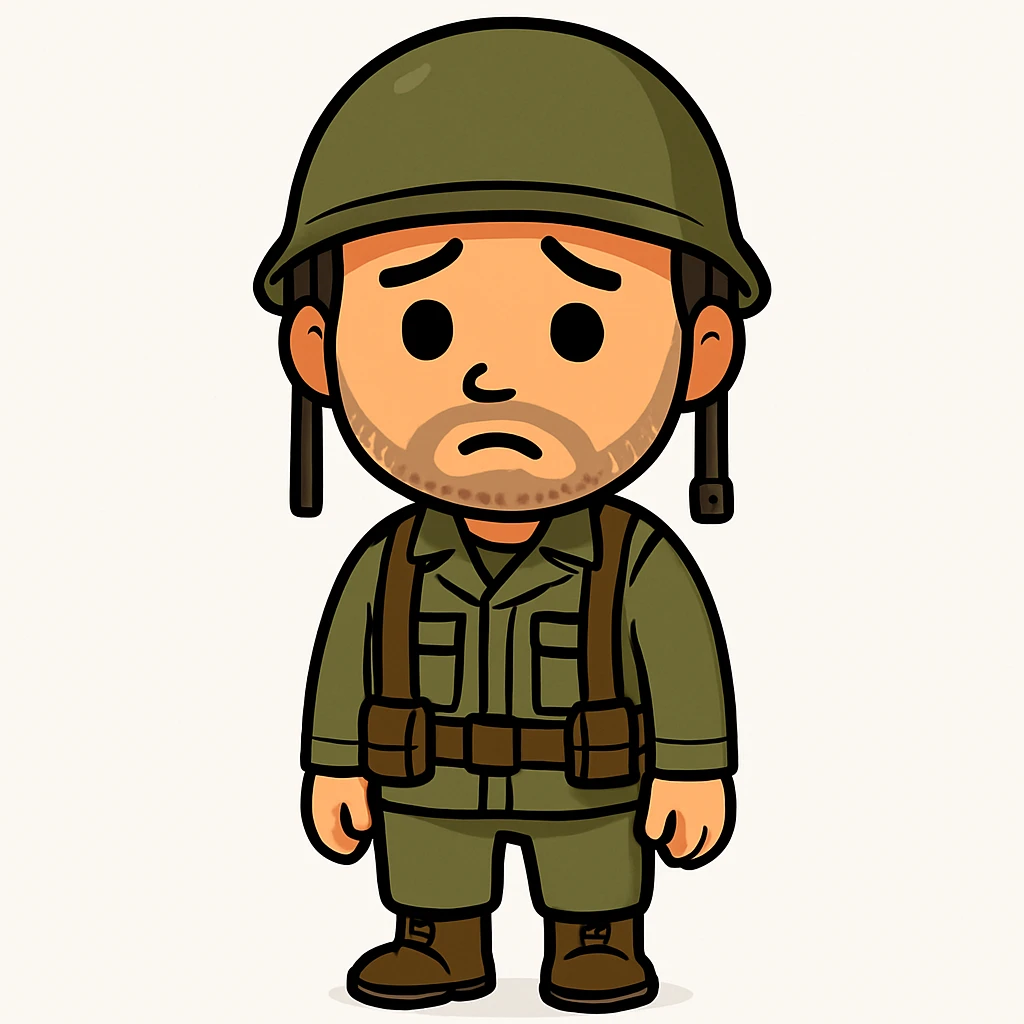 A white man with stubble in a soldier's uniform and a sad face, emoji style, full body, nothing cut off emoji