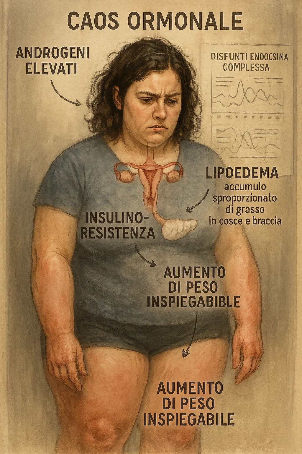cinematic realistic in italiano Woman with PCOS struggling with hormonal chaos, transparent overlay showing elevated androgens and insulin resistance affecting her body, lipedema causing disproportionate fat accumulation in legs and arms despite normal torso, expression of frustration with unexplained weight gain, medical charts showing complex endocrine dysfunction, painful swollen limbs contrasting with metabolic confusion emoji