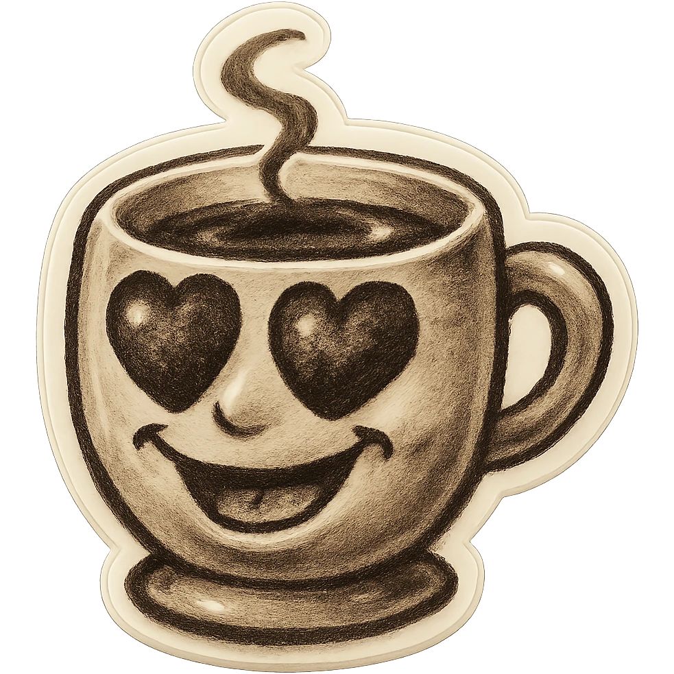 Ink wash style, coffee cup creature, big heart eyes, dopey smile emoji