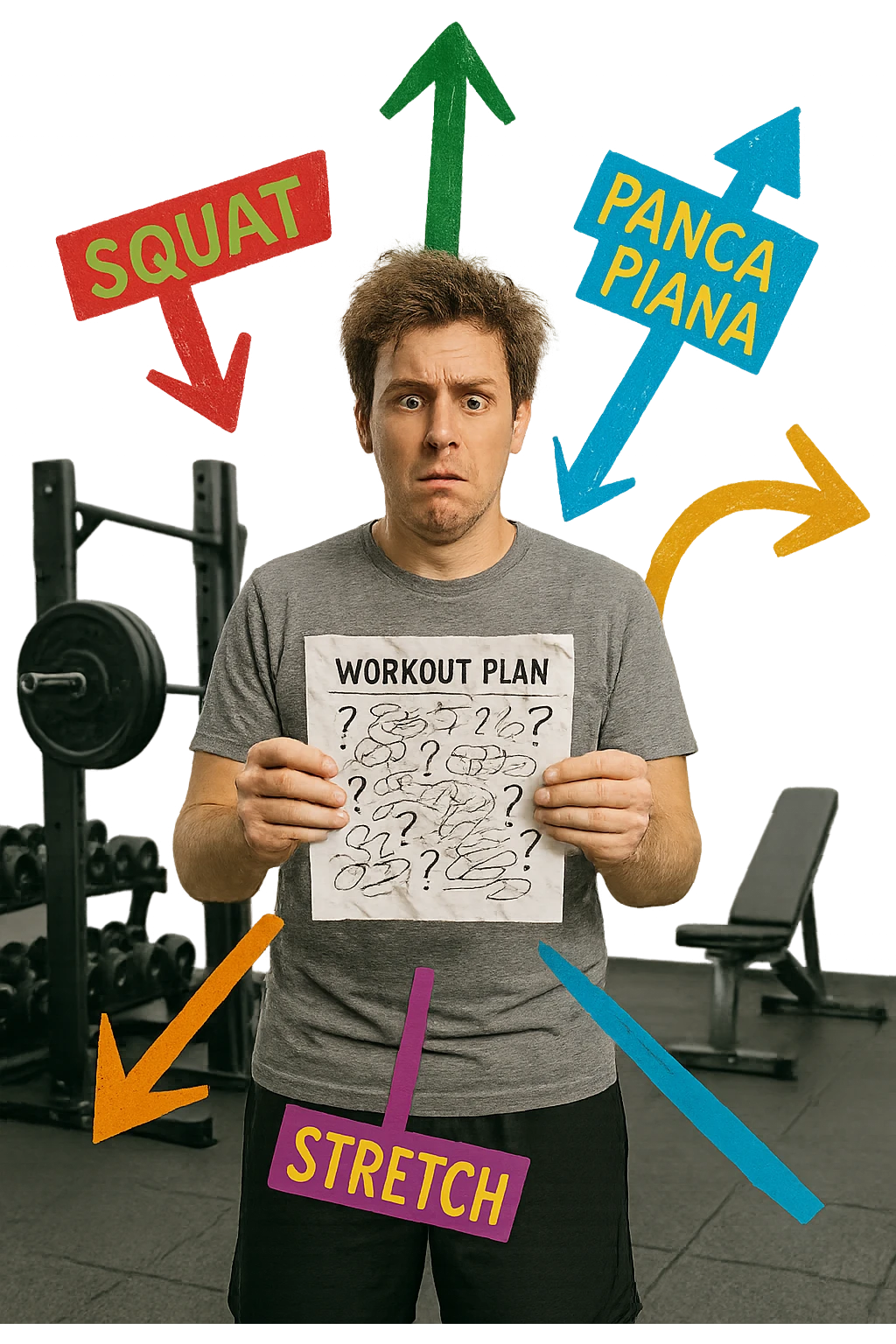 a person stands in the center of a gym, surrounded by arrows pointing in all directions, each labeled with a different exercise (e.g., “squat,” “Salti,” “stretch,” “Panca Piana”). The person looks bewildered, holding a workout plan with scribbles and question marks. The scene is colorful but visually messy, symbolizing confusion. in italiano immagine iperrealistica emoji