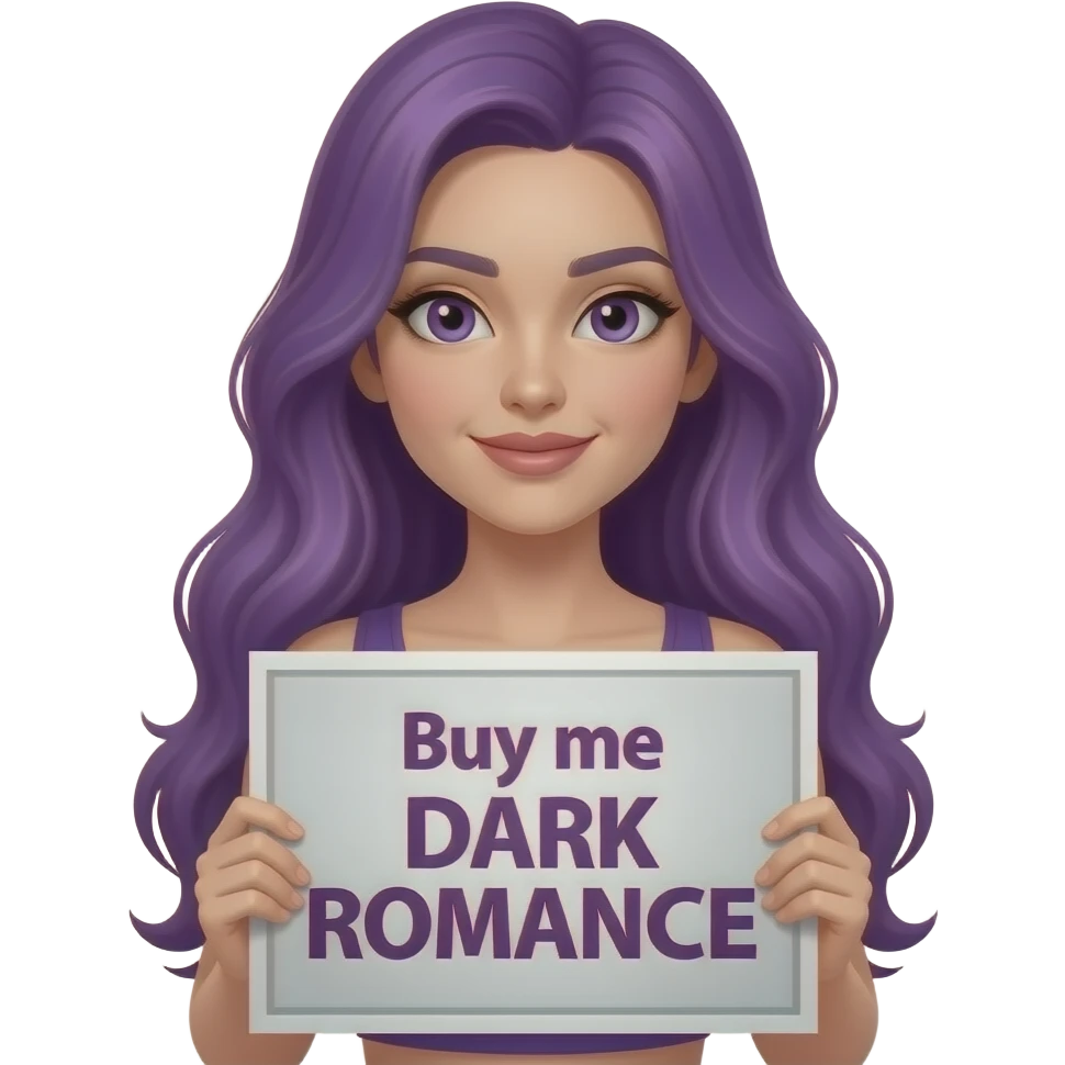 sexy girl with long purple hair holding a Buy me DARK ROMANCE sign emoji