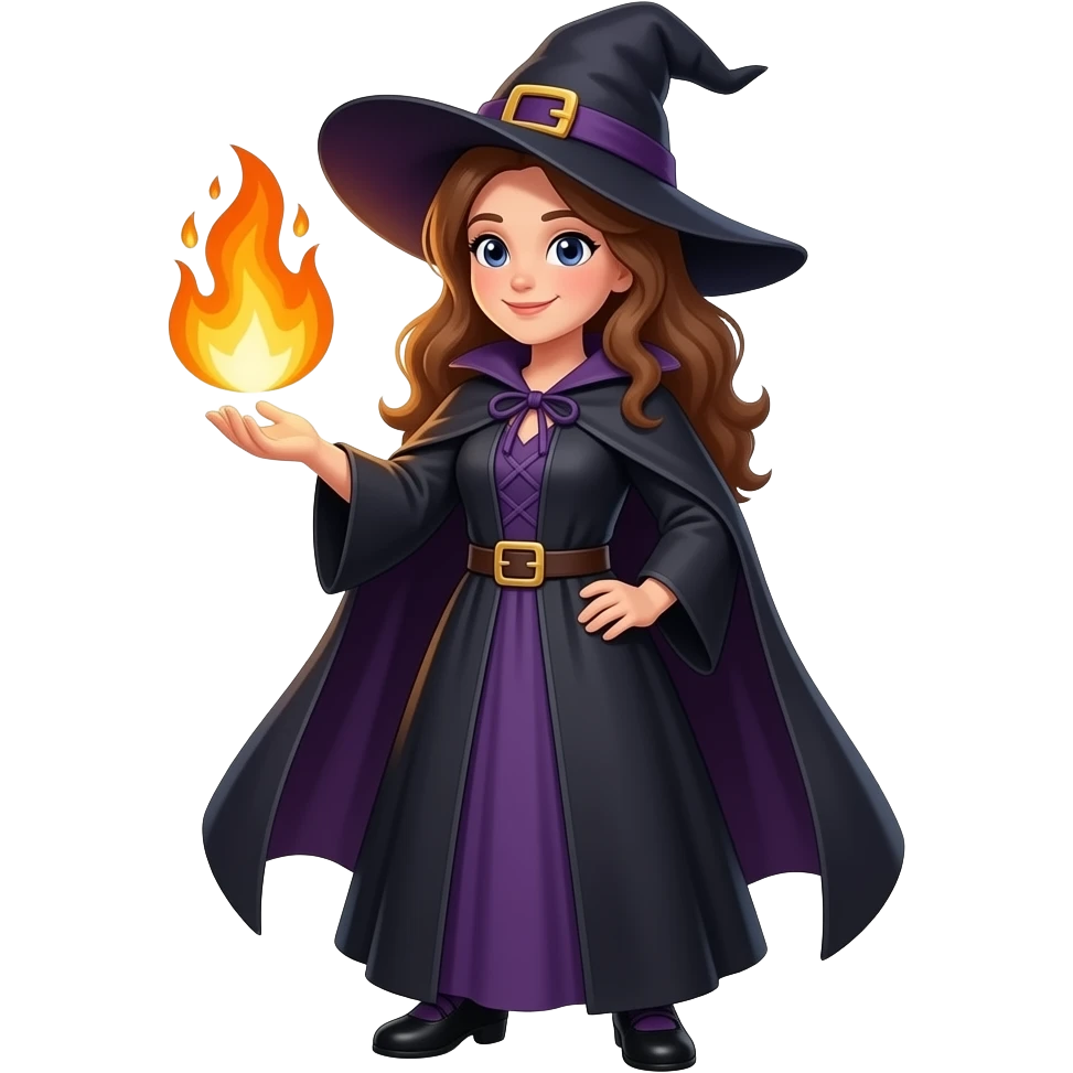 hechicera lanzando fuego, cabello café, cuerpo completo emoji