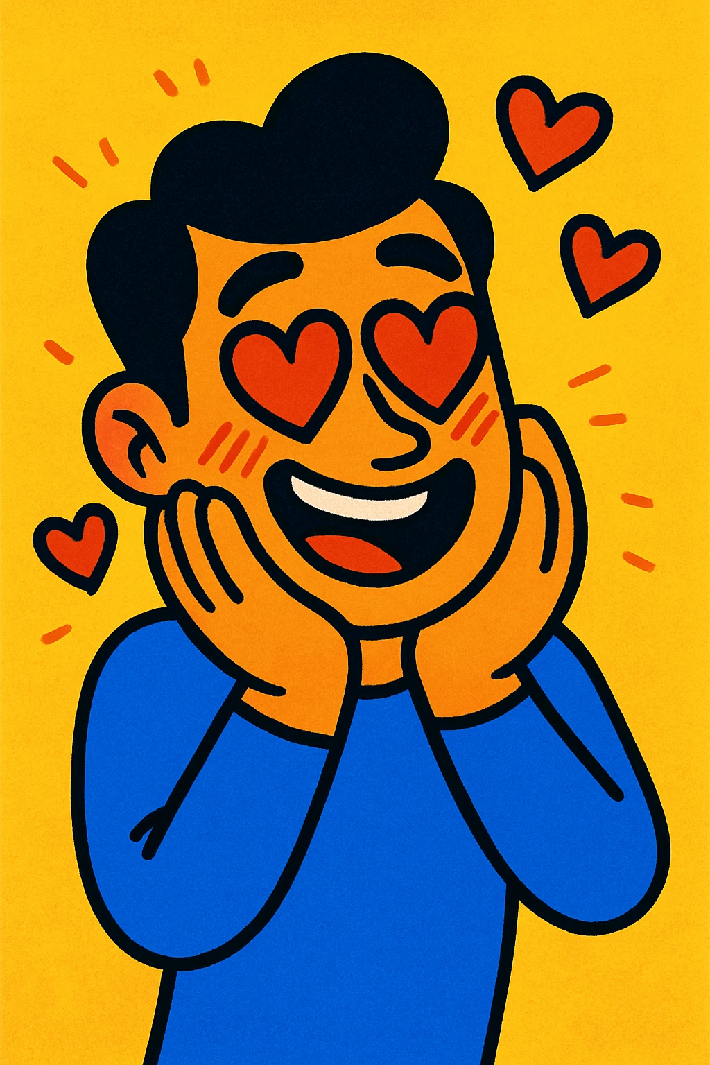 cartoon man with heart eyes, blushing with love, vibrant toon style emoji