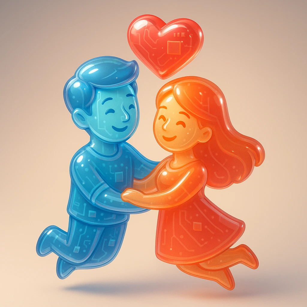 An in love couple with a heart above them, enjoy style emoji