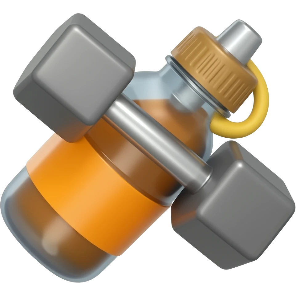 Um halter de academia pequeno e fofo, em estilo de emoji adesivo, apoiado em uma garrafinha de água laranja, com visual clean, delicado e moderno, estilo cartoon, fundo transparente, perfeito para stories, figurinhas e emoji personalizado. emoji