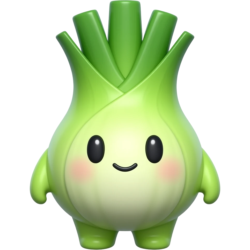 A cute, plump 3D rendered green onion character, glossy texture, bright colors, white background, 8k resolution, Unreal Engine 5 render style emoji