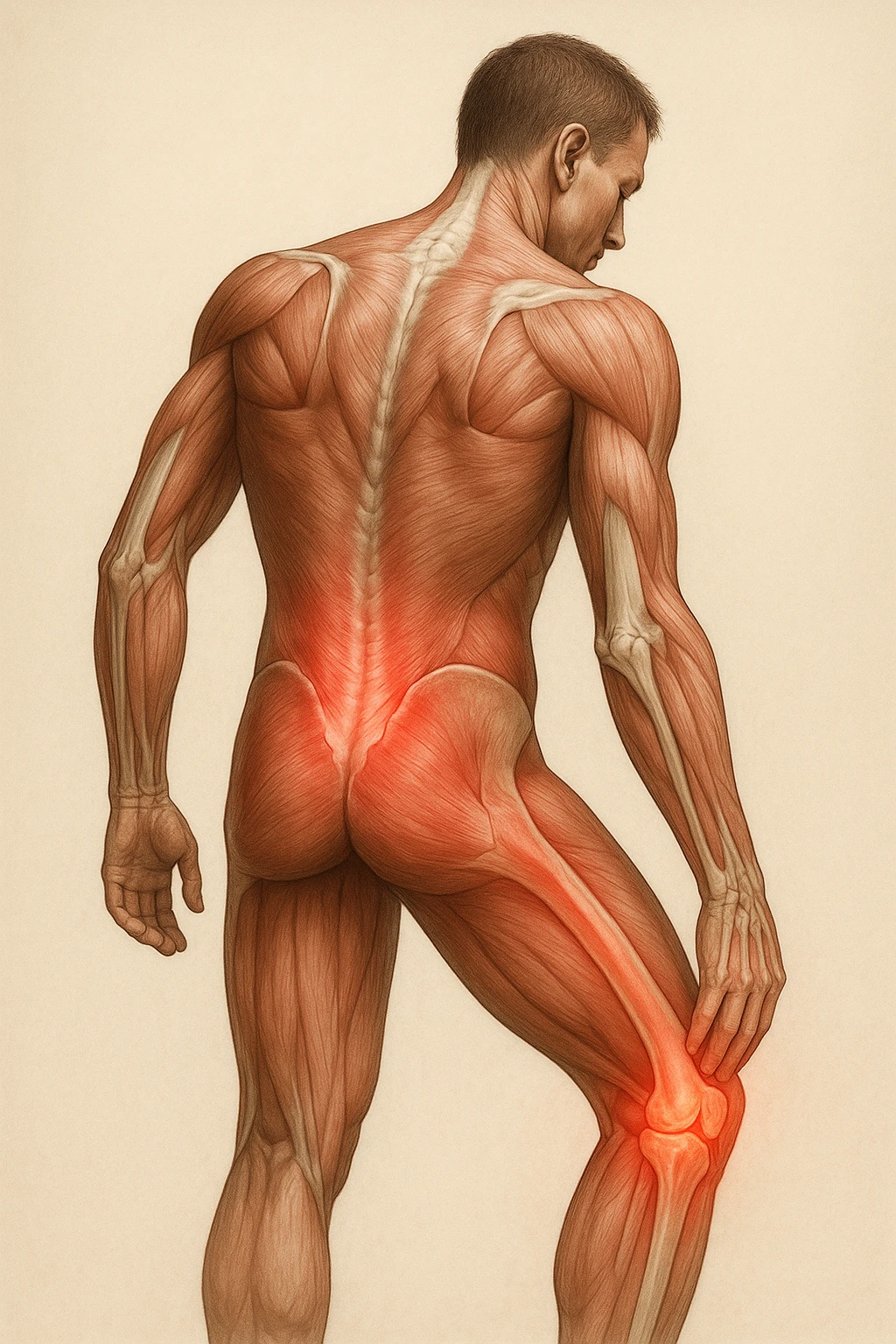 corpo umano anatomico con mal di schiena e al ginocchio, iperrealistico 4k emoji