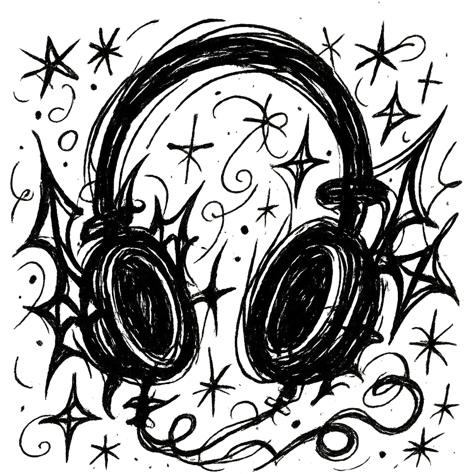 black gothic headphones with wild gothic shapes and expressive lines, chaotic doodle style emoji