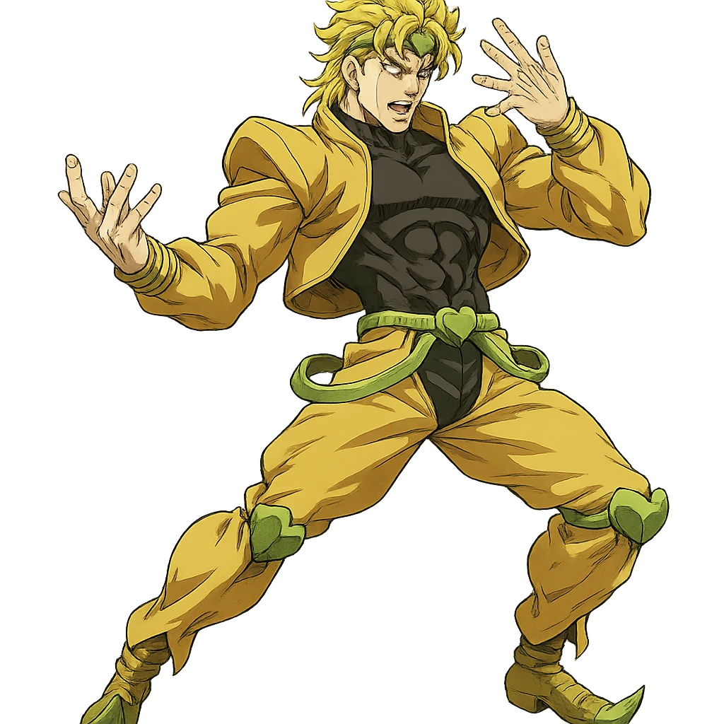 Dio Brando from JoJo's Bizarre Adventure, dramatic pose, detailed costume, iconic blond hair, anime style emoji