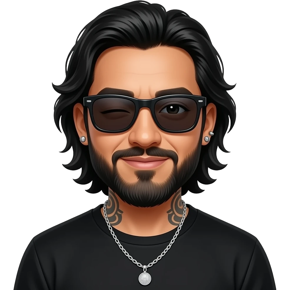 handsome, manly Latino podcast host with black colored eyes wearing black with silver jewelry, with medium length hair, a very long, lightly graying beard and tattoos, his ear pierced and right nostril as well, dark sunglasses. Winks with one eye emoji