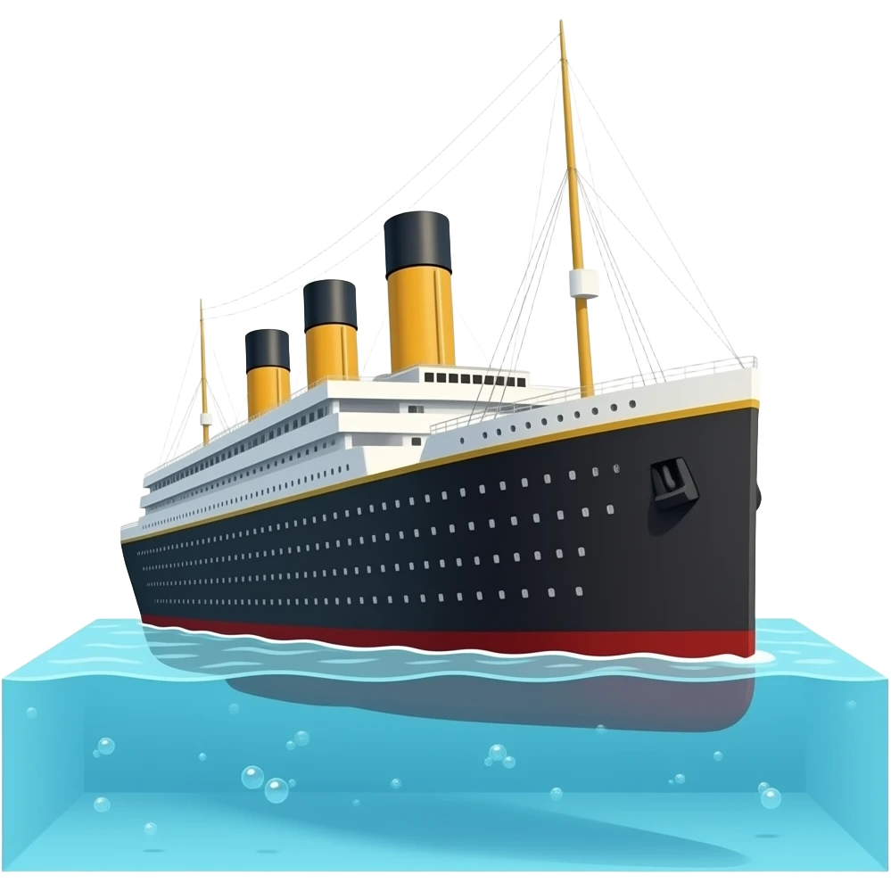 The ship Titanic floats above a shallow pool of water emoji