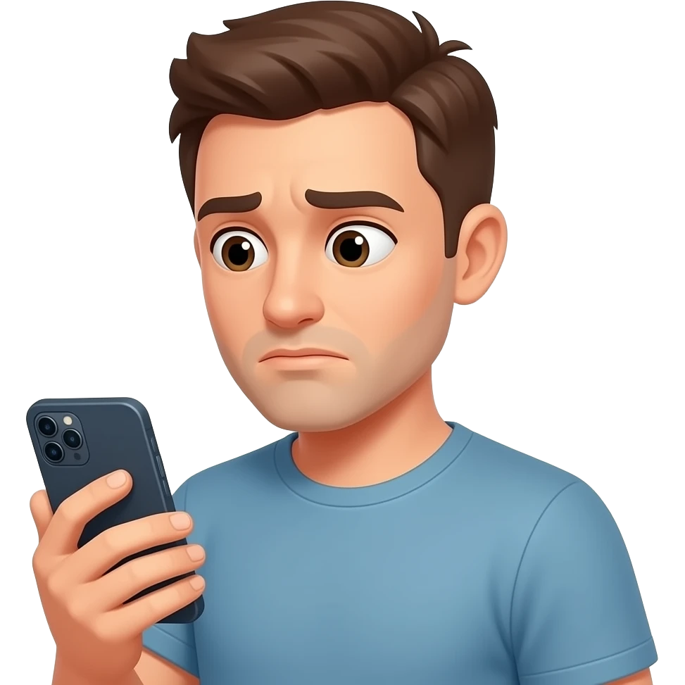 hombre,con celular en mano,prestando atencion en su celular,en el rostro se refleja un poco de agotamiento emoji