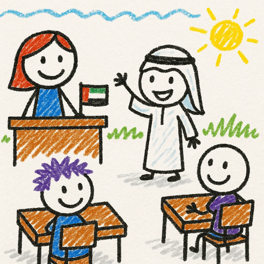 cartoon classroom scene with a child in Emirati dress answering a question, UAE flag on the teacher's desk, vibrant and appealing for kids emoji