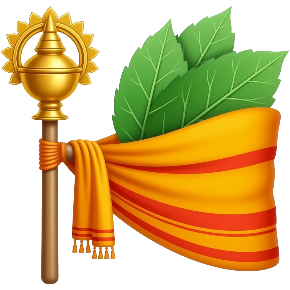 Emoji-style Gudi (Gudi Padwa symbol), golden kalash on stick, red-yellow cloth, neem leaves, minimal flat design, smooth gradients, iOS/WhatsApp style, centered, white background, high clarity. emoji